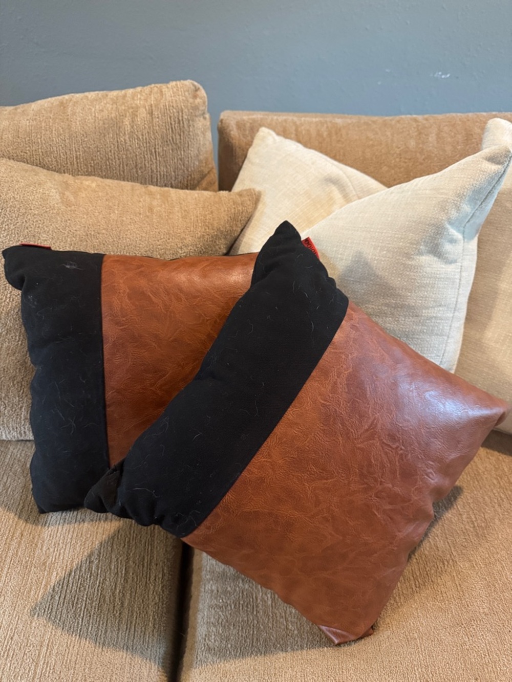 Accent Pillow Set Black and Brown Faux Leather Accent - Mandioo